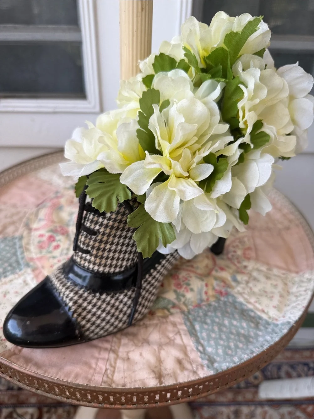 Floral Arrangement in Houndstooth Lace-Up Heeled Shoe